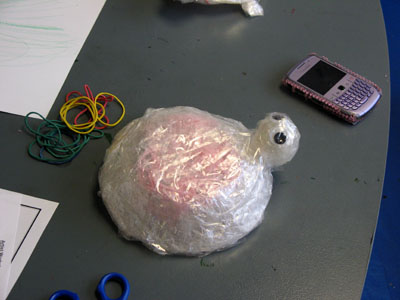 One of the sellotape tortoises created by the participants during my workshop.